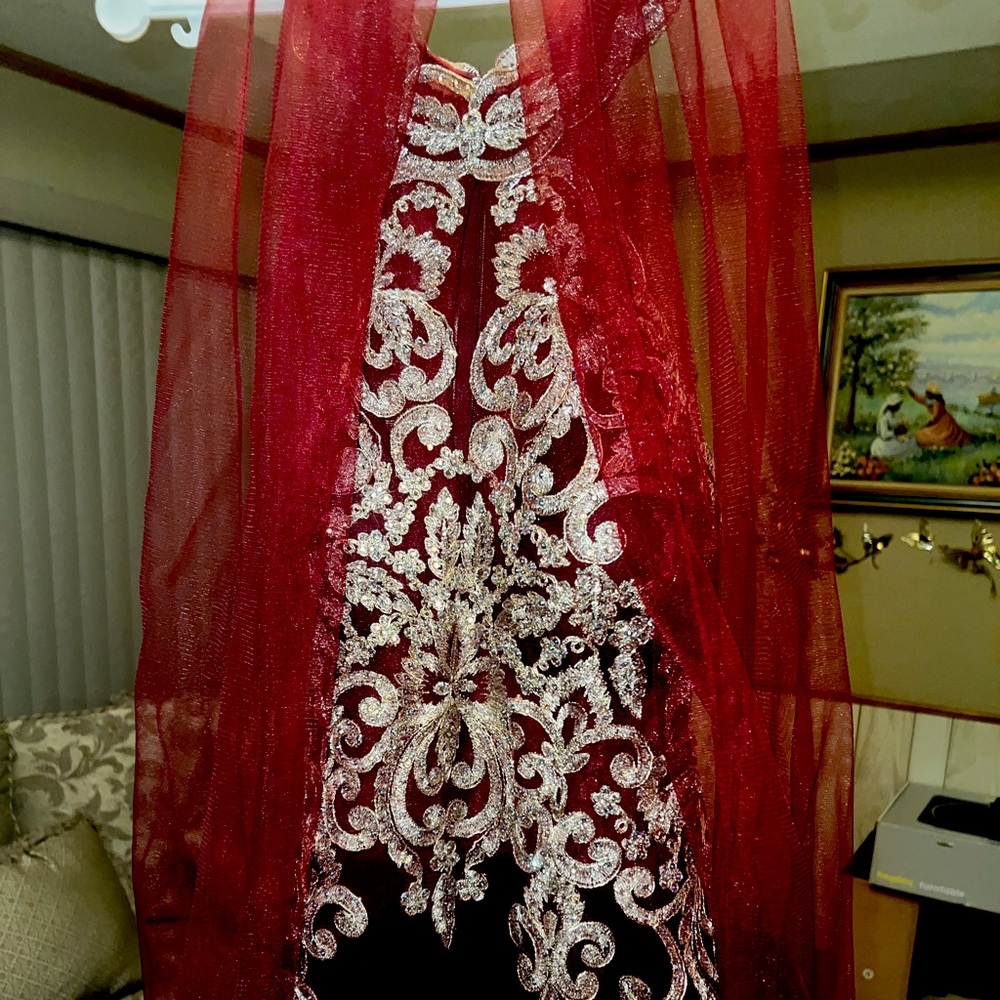 Burgundy Prom Dress with scarf.